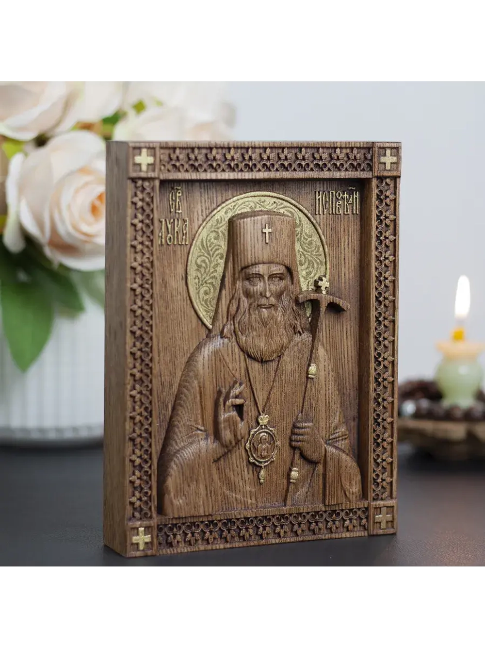 Лука Крымский икона деревянная резная, ясень
