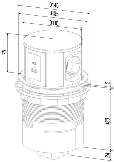 Блок розеток выдвижной вертикальный (3 розетки, USB-A, USB-C) G10703N-2AC.N Серебро/Белый d135