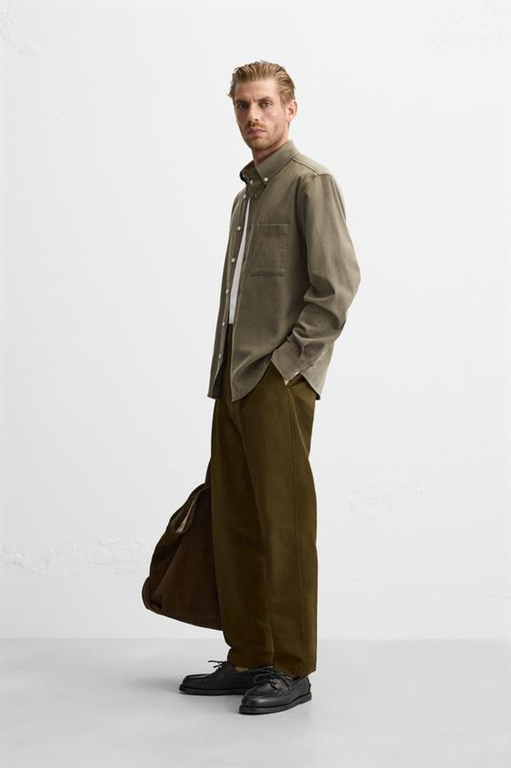 ZARA РУБАШКА ИЗ ХЛОПКА И ЛИОЦЕЛЛА, СЕРОВАТО-КОРИЧНЕВЫЙ