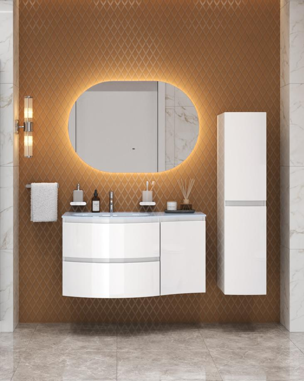 Мебель для ванной чаша слева Cezares VAGUE 104 Bianco lucido 44220+44222