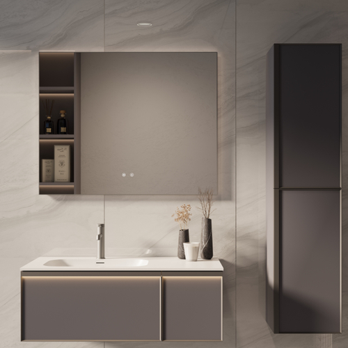 Тумба под раковину Vincea Elise 1000 подвесная, левая, 2 выкатных ящика soft close, серый матовый
