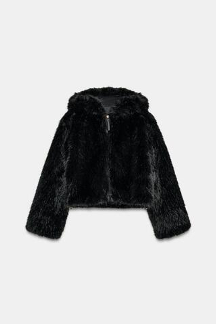 ZARA КОРОТКАЯ ШУБА С КАПЮШОНОМ И ИСКУССТВЕННЫМ МЕХОМ, ЧЕРНЫЙ