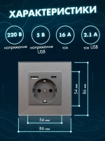 Розетка с заземлением одинарная из стекла с USB и Type-C