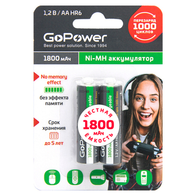 Аккумулятор бытовой AA/HR6 Ni-MH, 1800мАч, 2шт, GoPower