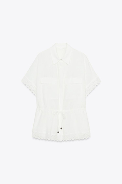 ZARA РУБАШКА ИЗ РАМИ С КРУЖЕВОМ, ЖЕЛТОВАТО-БЕЛЫЙ