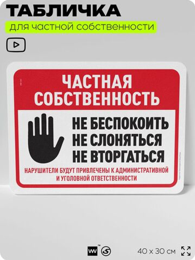 Табличка для частной территории "Частная собственность", на дом, для участка, организаций, предупреждающая, 40х30 см, Silver Plane x Айдентика Технолоджи