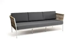 "Касабланка" диван 3-местный плетеный из роупа, каркас алюминий светло-серый (RAL7035) муар, роуп серо-коричневый 23мм, ткань серая 017