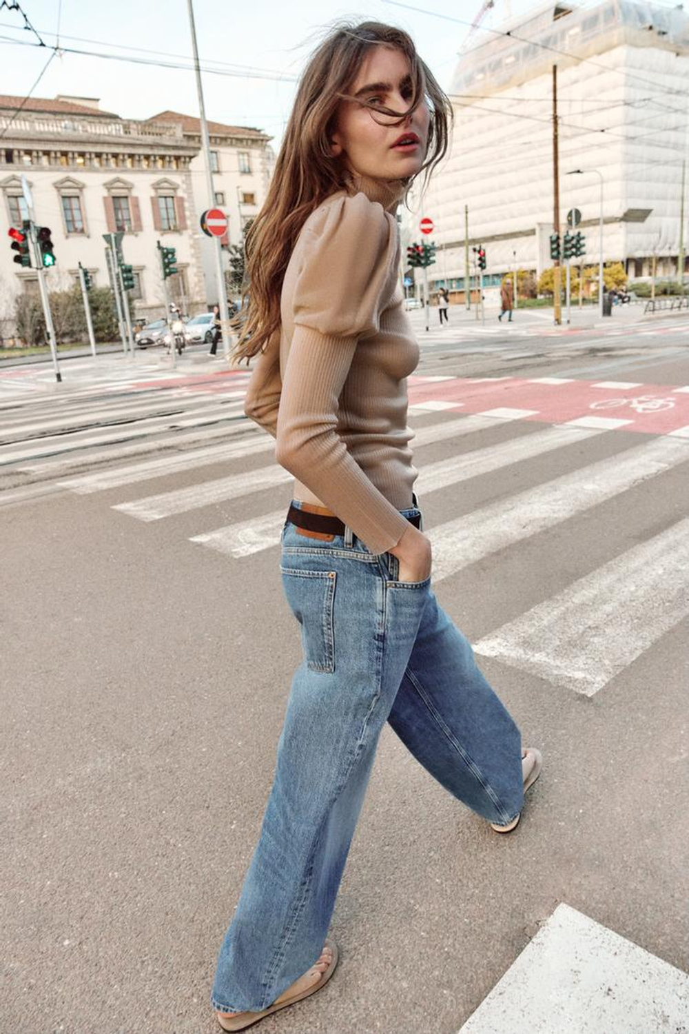 ZARA ПОЛУПРОЗРАЧНЫЙ ТОП С ОБЪЕМНЫМИ РУКАВАМИ, ПЫЛЬНЫЙ РОЗОВЫЙ