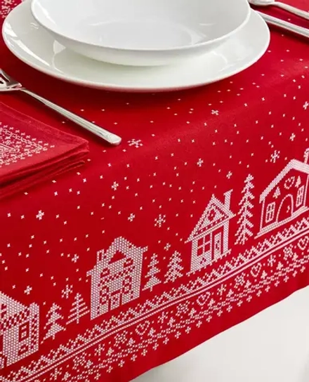 ZARA HOME ХЛОПКОВАЯ СКАТЕРТЬ С КОНТРАСТНЫМИ ДИЗАЙНОМ НА РОЖДЕСТВЕНСКУЮ ТЕМАТИКУ, КРАСНЫЙ