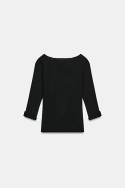 ZARA ФУТБОЛКА В РУБЧИК С ПУГОВИЦАМИ, ЧЕРНЫЙ