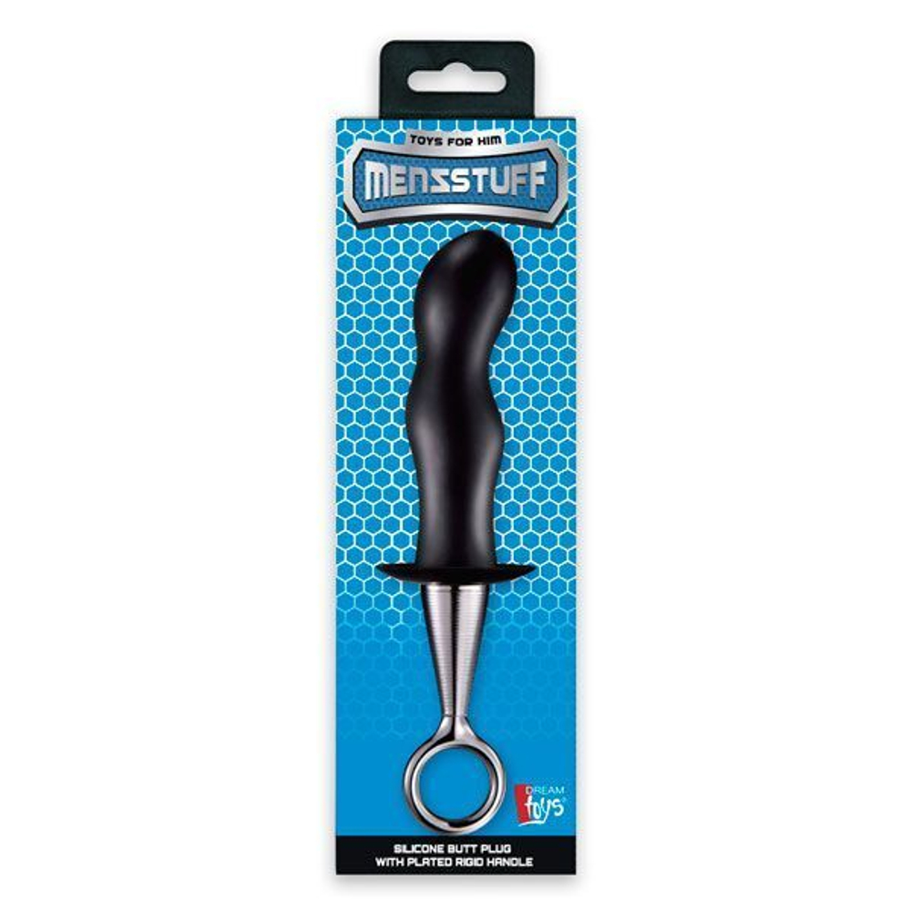 Чёрный изогнутый анальный плаг ANAL PLUG WITH PLATED HANDLE (Цвет: черный с серебристым)