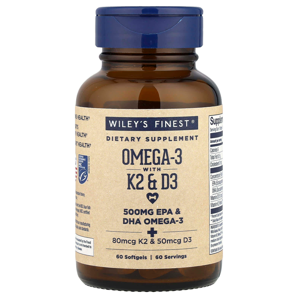 Wiley's Finest, омега-3 с витаминами K2 и D3, 60 капсул