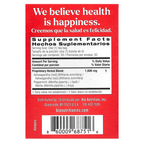 Bio Nutrition, чай с ашвагандой, без кофеина, 30 чайных пакетиков, 48,2 г (1,7 унции)