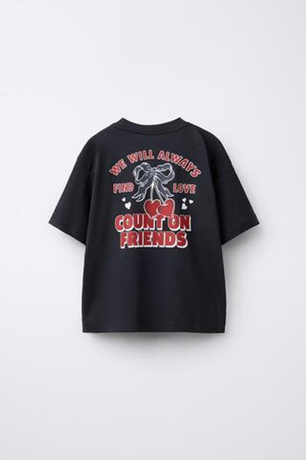 ZARA ФУТБОЛКА С ПРИНТОМ «СЕРДЕЧКИ», ТЕМНЫЙ АНТРАЦИТ