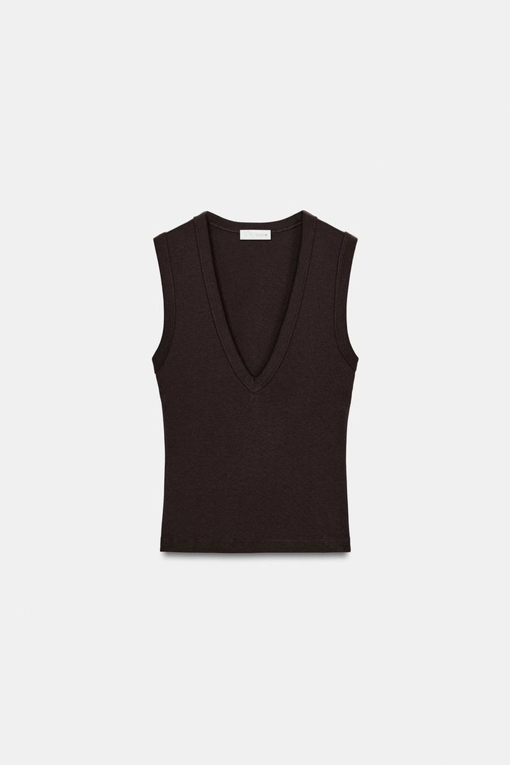 ZARA ХЛОПКОВАЯ ФУТБОЛКА С V-ОБРАЗНЫМ ВЫРЕЗОМ, КОРИЧНЕВЫЙ