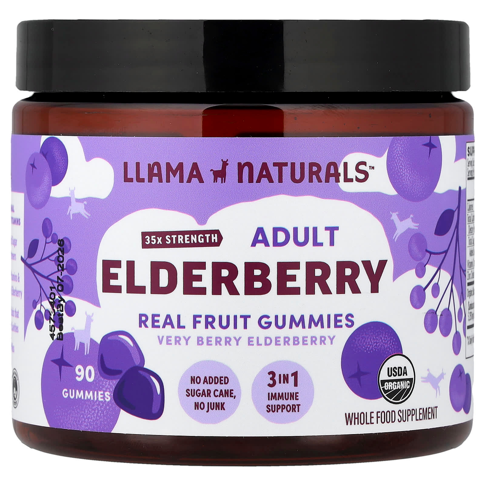Llama Naturals, бузина для взрослых, натуральные фруктовые жевательные таблетки, с ягодным вкусом, 90 жевательных таблеток