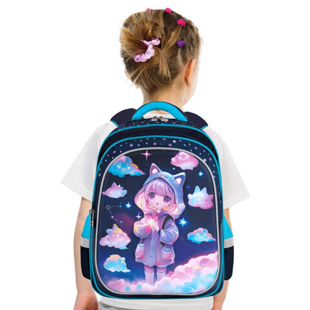 Рюкзак BRAUBERG KIDS FLOSSY, 2 отделения, 3 кармана, "Sky girl", 3D-панель, 40х28х18 см, 273179