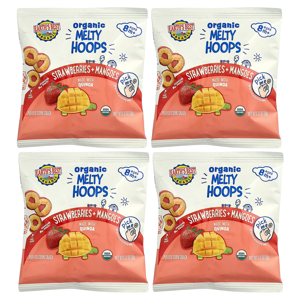 Earth's Best, органический Melty Hoops, кукурузный снек, для детей от 8 месяцев, клубника и манго, 4 порционных упаковки по 9 г (0,32 унции)