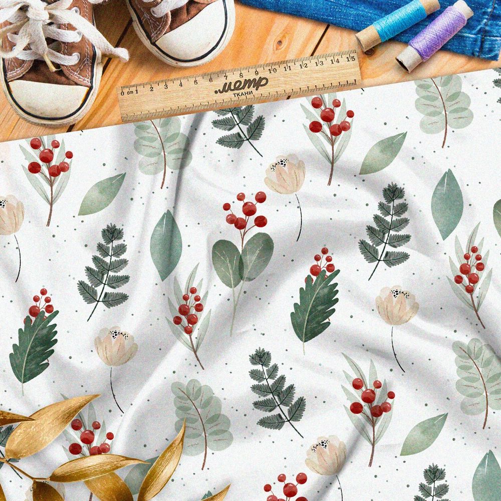 Ткань атлас маленькие акварельные брусника и листья