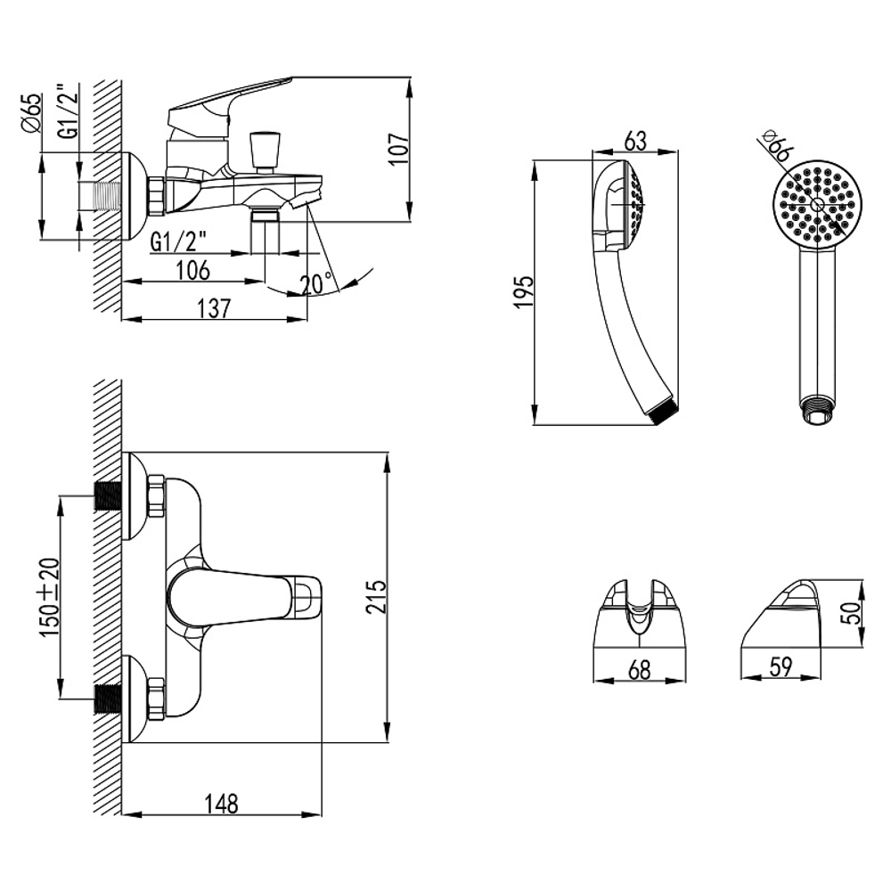 Смеситель для ванны и душа Azario с ручным душем, керамический картридж, хром (AZ-HU245906)