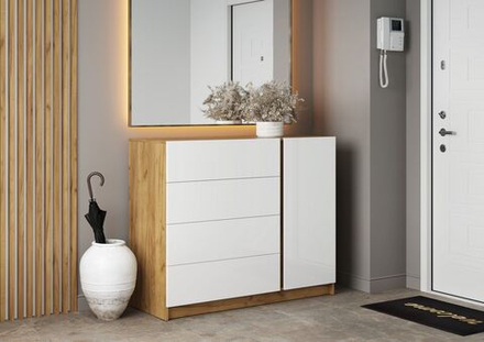 Комод для одежды с ящиками Дуб Крафт золотой/Фасад МДФ Белый глянец, Бостон, 120х47,7х99,5 см Стиль