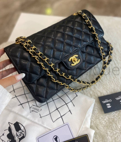Классическая черная сумка конверт Chanel (Шанель) премиум класса из зернистой кожи