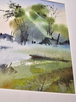 Картина авторская акварельная в паспарту 21х30 см на стену для интерьера "Утро туманное..."