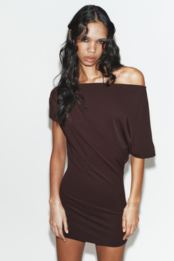 ZARA СВОБОДНОЕ МИНИ-ПЛАТЬЕ, ТЕМНО-КОРИЧНЕВЫЙ