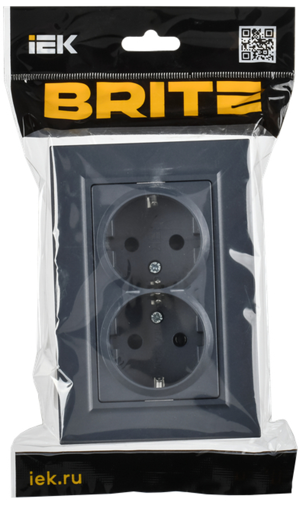 BRITE Розетка 2-местная с заземлением с защитными шторками плоская 16А в сборе РСшПл12-3-БрМ маренго IEK