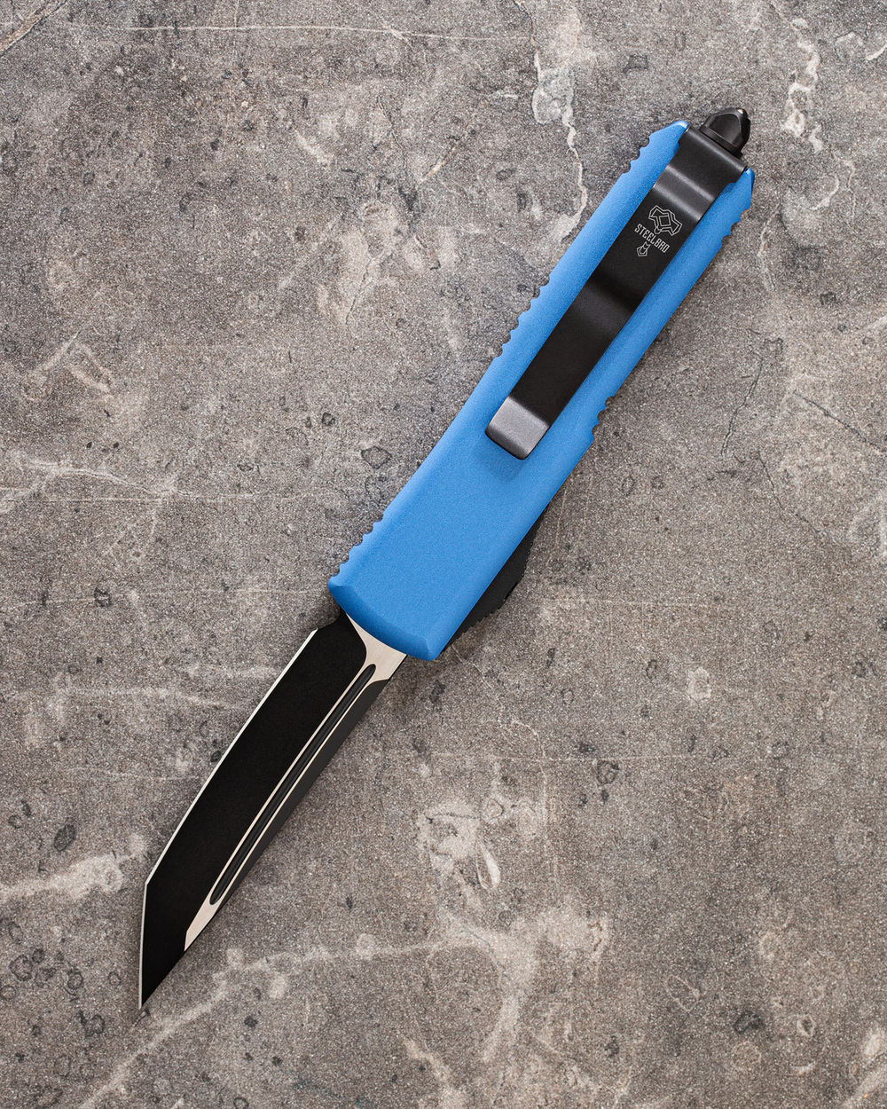 Автоматический складной нож SteelBro UTX-85 T/E Light Blue Tanto Black 233-1LBL (голубой) фронталка/выкидуха
