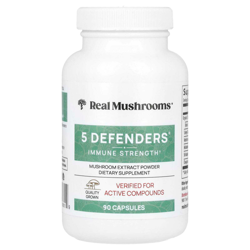 Real Mushrooms, 5 Defenders®, порошок с экстрактом грибов, 90 капсул
