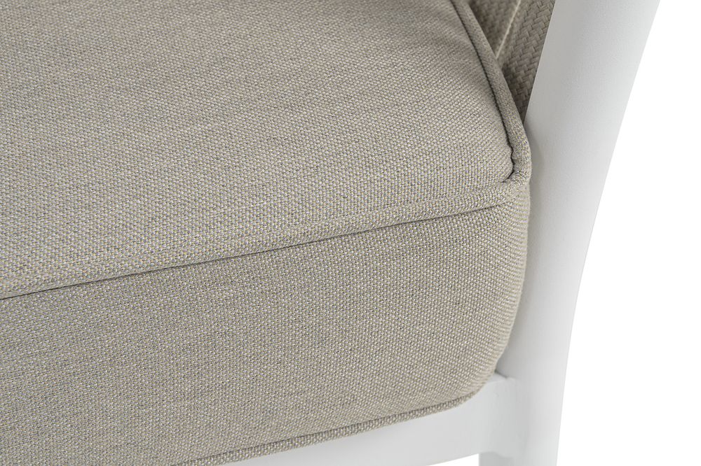 "Касабланка" диван 3-местный плетеный из роупа, каркас алюминий белый муар, роуп бежевый 20мм, ткань бежевая 15052