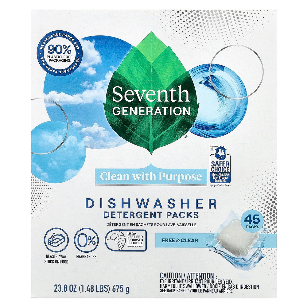 Seventh Generation, Пакеты с моющим средством для посудомоечной машины, бесплатно и прозрачное, 45 упаковок, 675 г (23,8 унции)