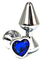 Серебристая анальная пробка с синим кристаллом-сердцем - 8 см. (Цвет: синий)