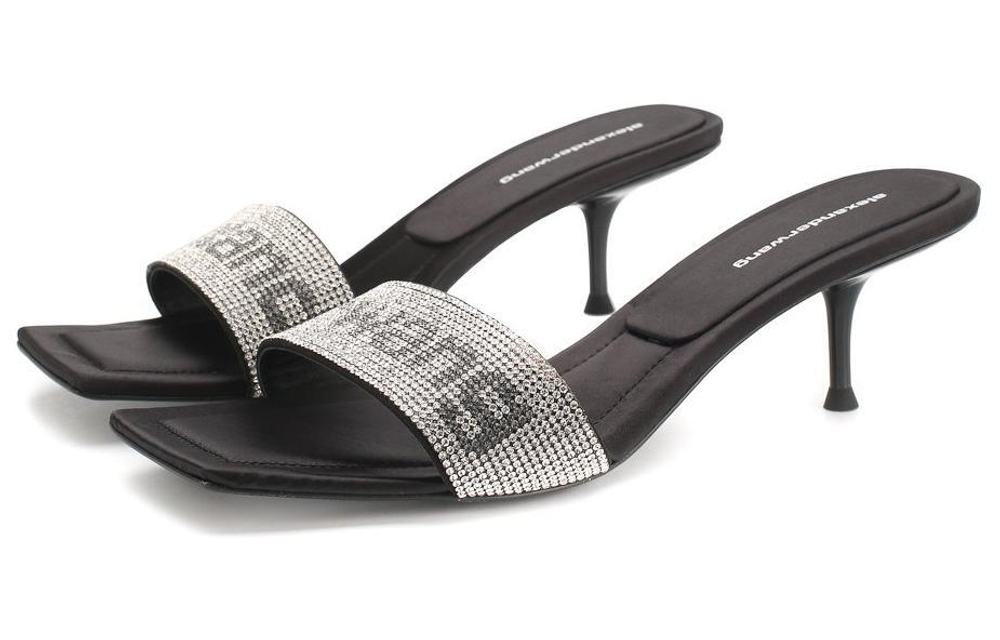 Alexander wang Jessie Crystal high-heeled feet Trendy one-word slippers Women's black