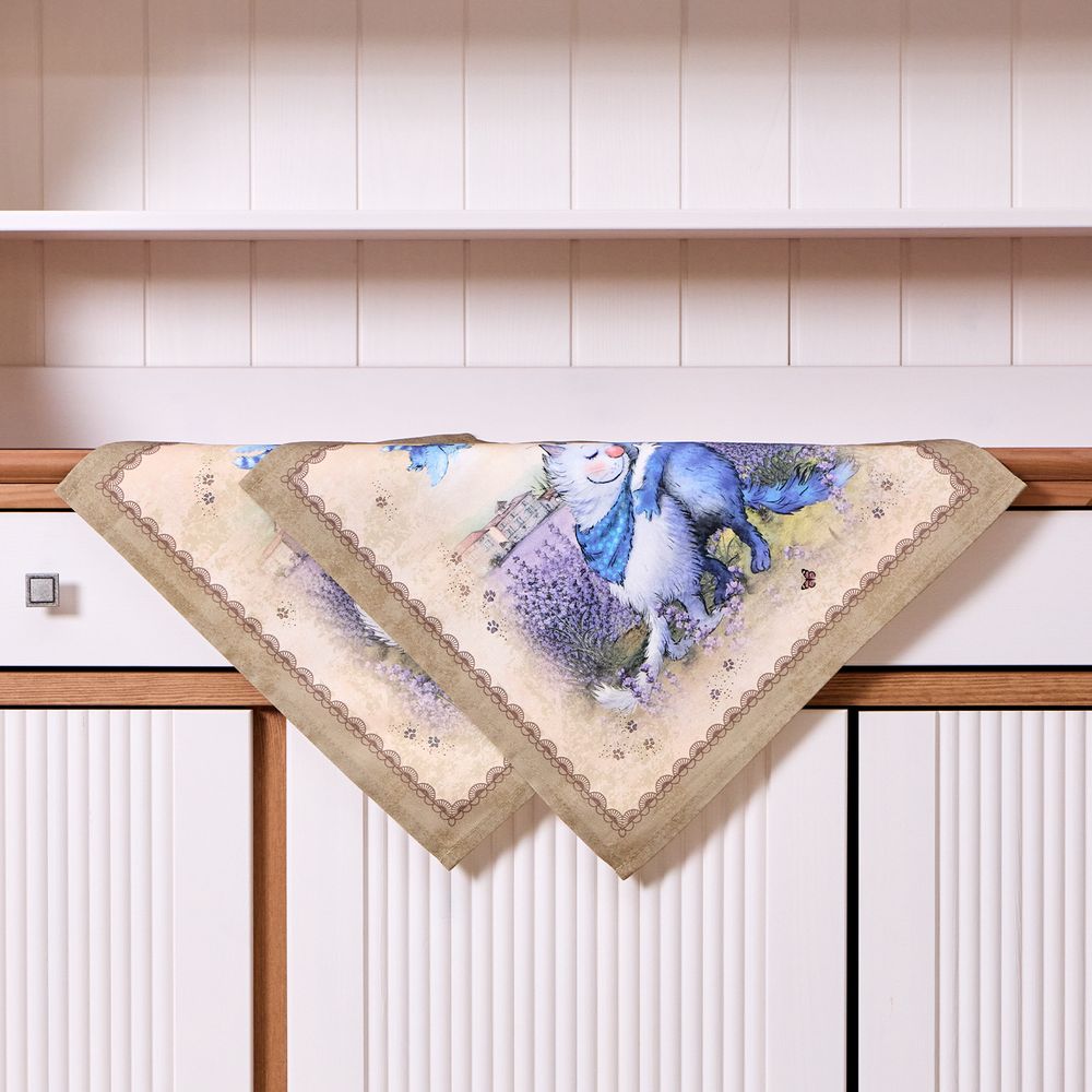 НАБОР САЛФЕТОК ИЗ 2-Х ШТ "СИНИЕ КОТЫ. ЛАВАНДА",40Х40СМ, 100% ХЛОПОК,ТВИЛ, БЕЖ