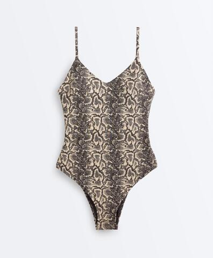 OYSHO Купальник с анималистическим принтом, черный