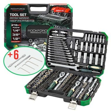 Набор инструментов 216+6пр. 1/4'', 3/8'', 1/2'' RockFORCE RF-38841+6