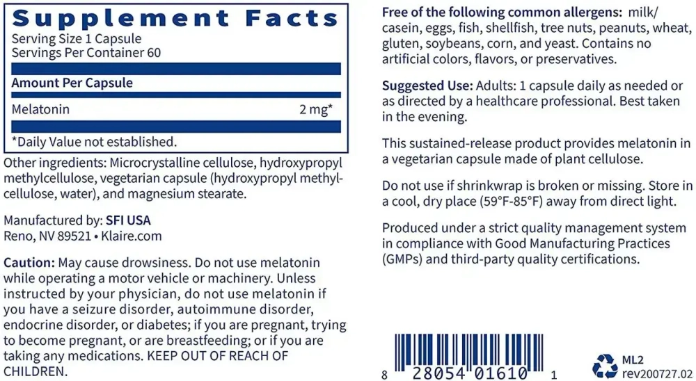 Klaire Labs - Melatonin-SR 60 capsules