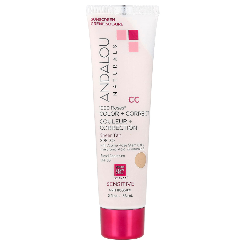 Andalou Naturals, 1000 Roses®, Color + Correct, для чувствительных волос, SPF 30, чистый загар, 58 мл (2 жидк. унции)