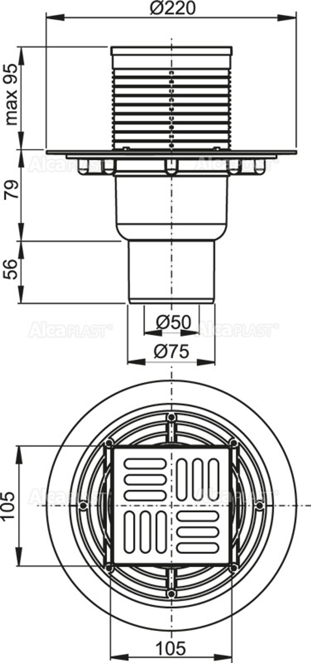 Сливной трап APV201 105 × 105/50/75, подводка – прямая, решетка из нерж стали, гидрозатвор – мокрый