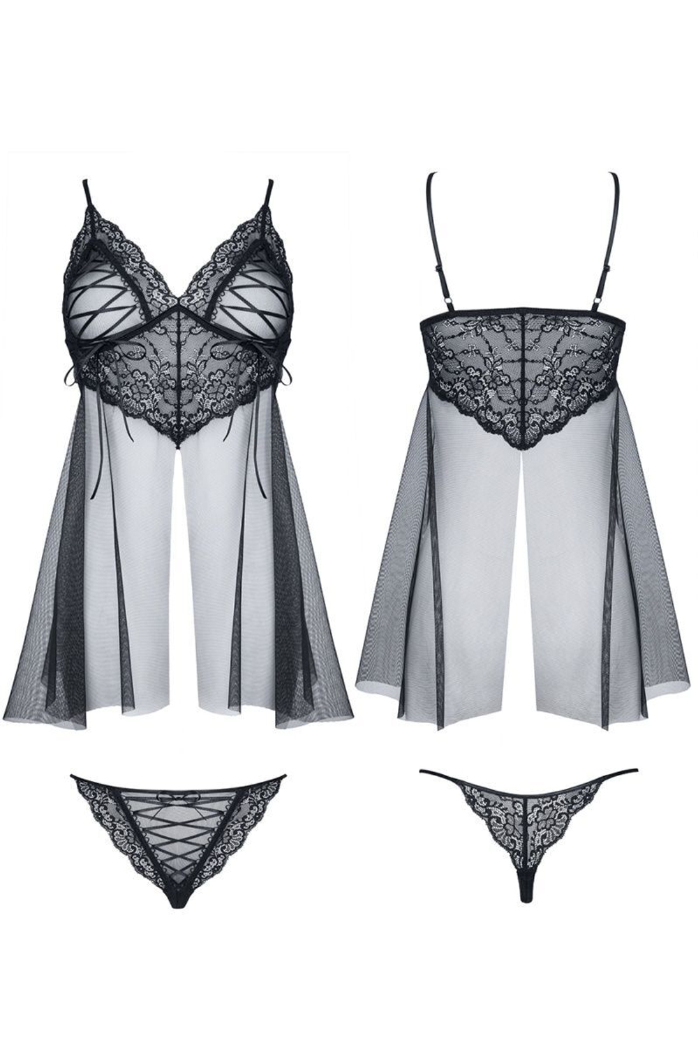 Полупрозрачная сорочка с кружевными вставками Clotilde (Размер: L) (Цвет: черный)