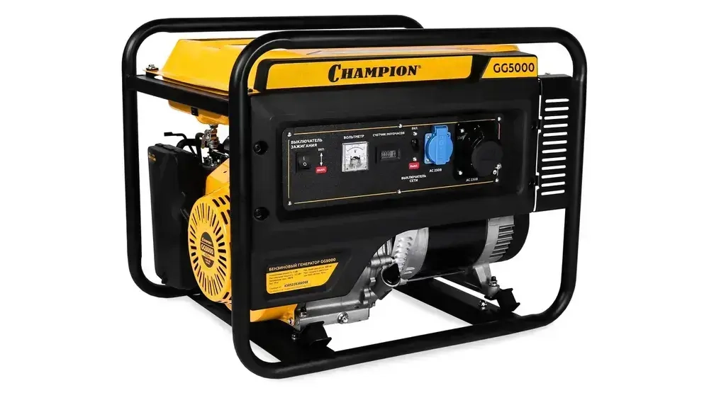 Генератор бензиновый CHAMPION GG5000 (5,5кВт, 15лс, 4-х тактный двигатель, бак 25л, 71кг, счетчик моточасов) / бензогенератор