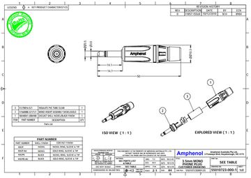 Amphenol KM2PB - 3.5mm Phone кабельный моно штекер, металлический корпус, мягкий хвостовик, черный
