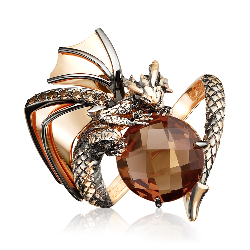 Кольцо «Дракон» из красного золота с цитрином и кварцем дымчатым