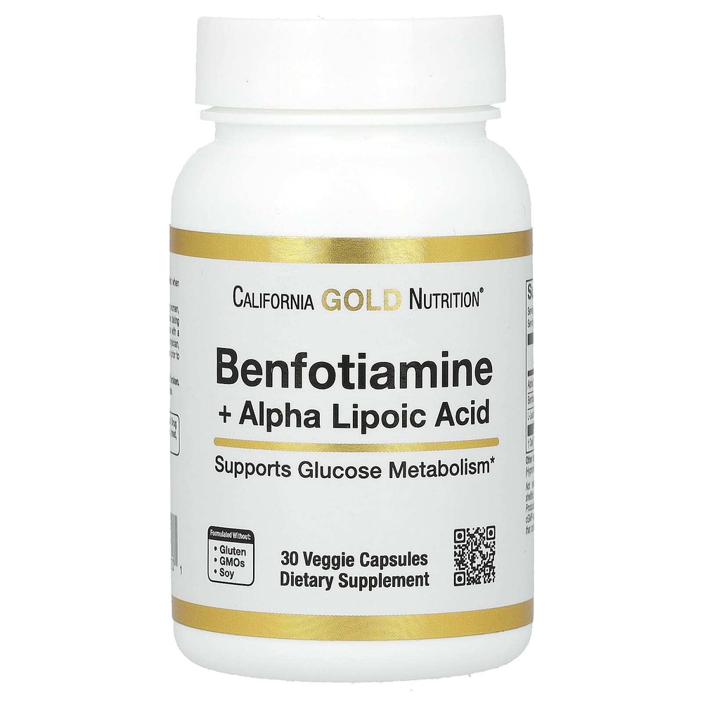 California Gold Nutrition, бенфотиамин, альфа-липоевая кислота и L-лейцин, 30 растительных капсул