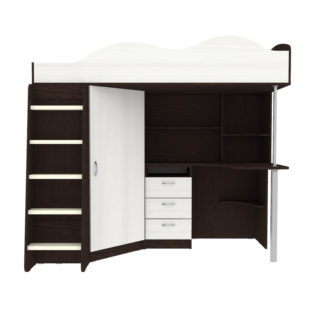 Кровать-чердак КарИВи Пионер с деревянной лестницей Венге Белое Дерево