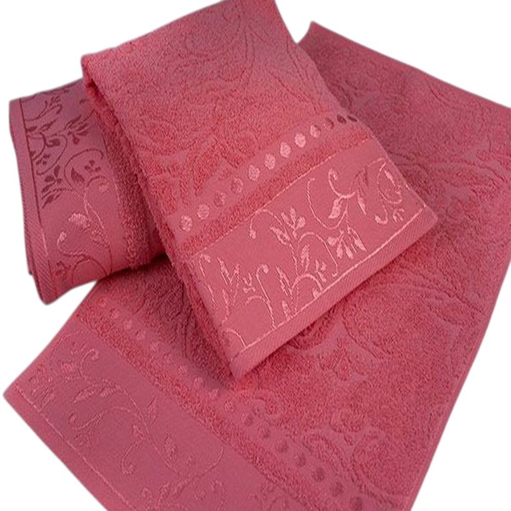 Набор из 3-х махровых полотенец "П37. Жаккард брусничный" в упаковке, 100% хлопок, Россия.