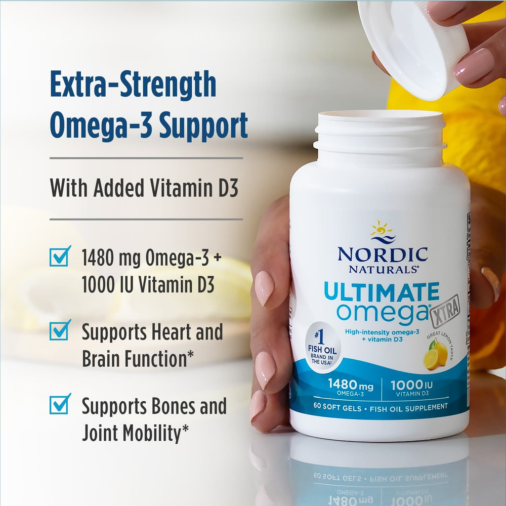 Nordic Naturals, Ultimate Omega Xtra, высокоэффективные омега-3 кислоты, со вкусом лимона, 1480 мг, 60 капсул (740 мг в 1 капсуле)