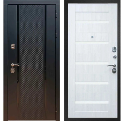 Входная металлическая дверь с зеркалом RеX (РЕКС) 25 кварц черный, фурнитура хром/ СБ 14 Сандал белый, светлые стекла